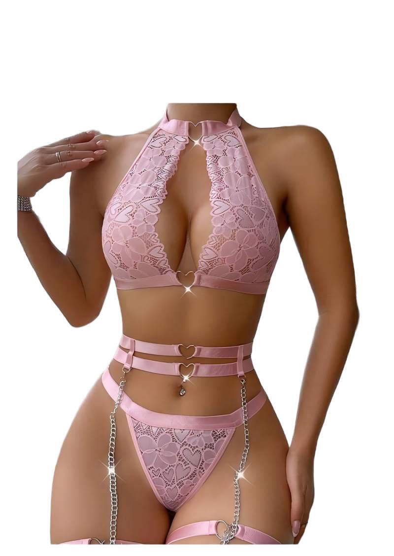 Lace Bralette Set - ชุดชั้นในเซ็กซี่แบบดันทรง พร้อมสายรัดถุงน่องและสร้อยคอ ชุดชั้นในผู้หญิงแบบมีโครงและจีสตริง ชุดชั้นในสตรี