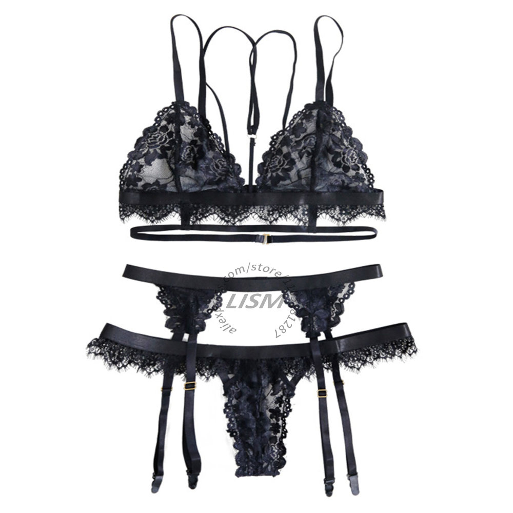 Lace Bralette Set - LISM ชุดชั้นในลูกไม้สีดำสำหรับผู้หญิงเซ็กซี่ ชุดชั้นในแบบมีสายรัดด้านหลัง ชุดบราเล็ตต์ จีสตริง สายรัดถุงน่อง