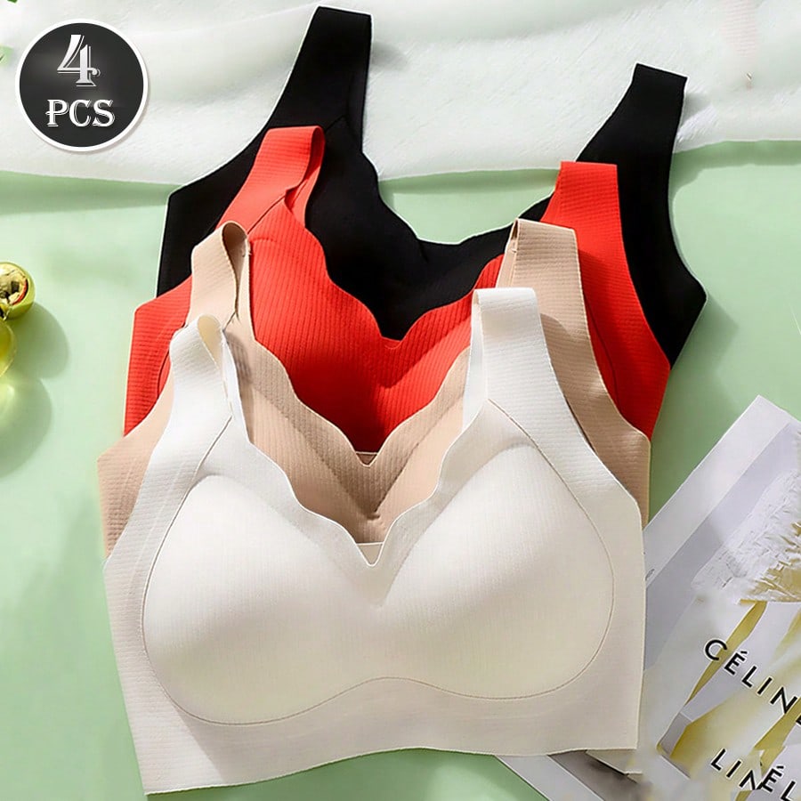 T Shirt Bra Seamless - บราไร้โครงแบบดันทรงสำหรับผู้หญิง 4 ชิ้น บราเล็ตแบบสวมใส่สบาย บราสำหรับออกกำลังกาย โยคะ