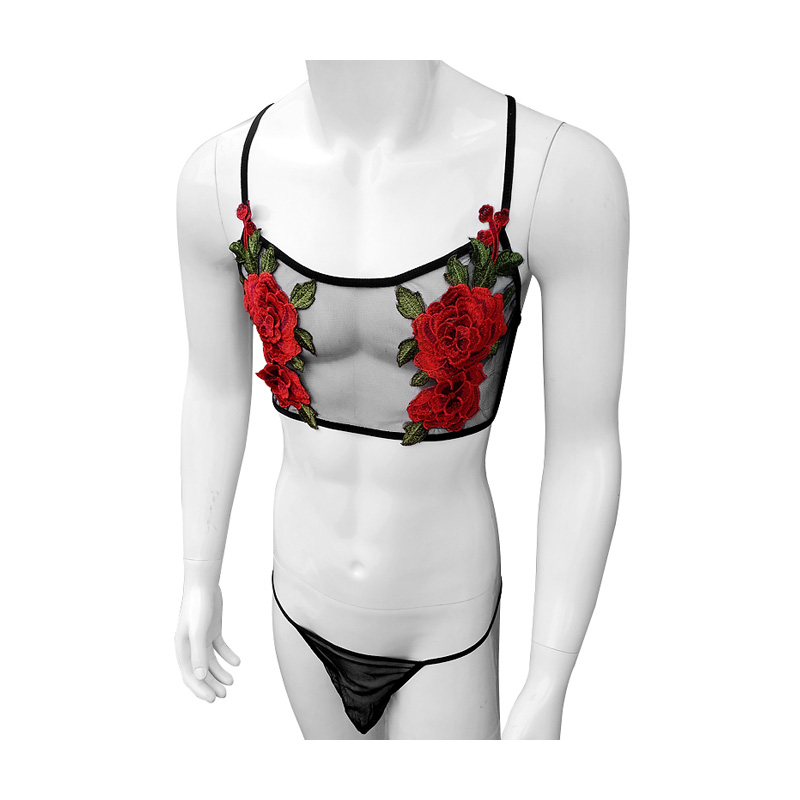 Sheer Bra Lace - ชุดชั้นในเซ็กซี่ปักลายฉลุตาข่ายลูกไม้สำหรับผู้ชาย ชุดนอนสายเดี่ยว บรา ท็อป กางเกงในจีสตริง ชุดชั้นในอีโรติกสำหรับสาวประเภทสอง