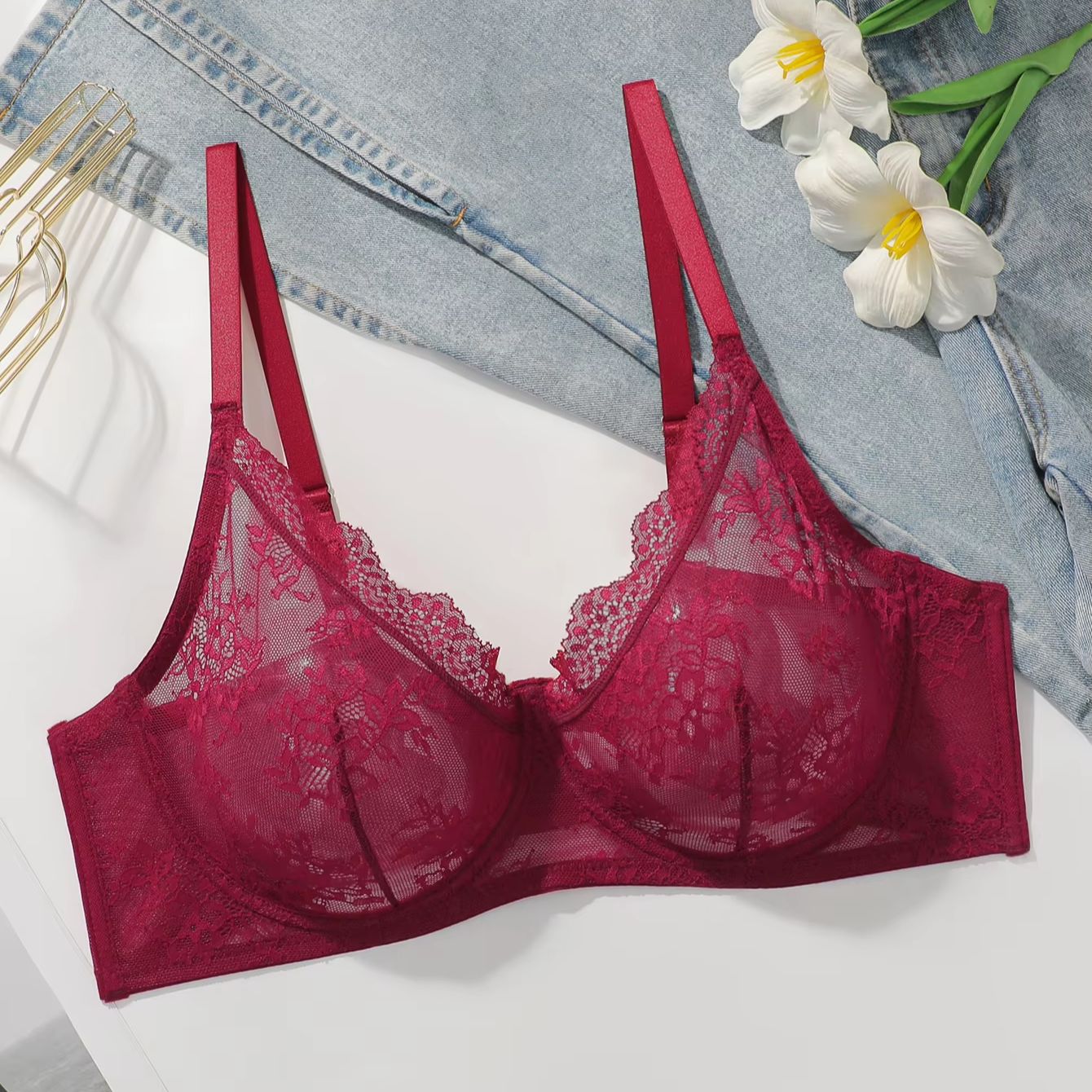บราลูกไม้สีแดงสำหรับผู้หญิงไซส - Sheer Bra Lace บทวิจารณ์และราคา